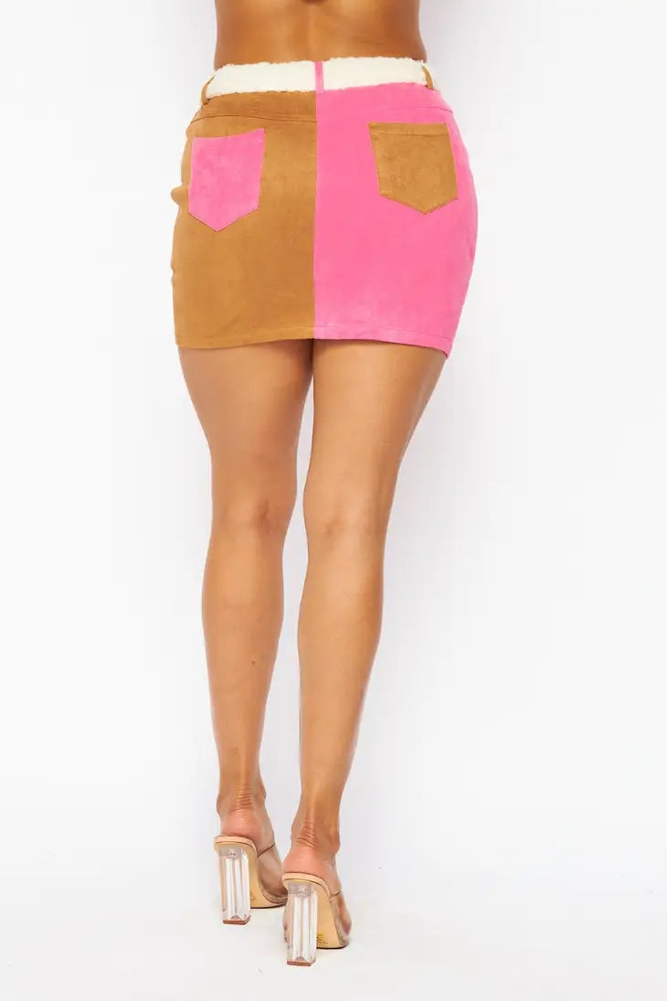 Velma Sherpa Lined Color Block Suede Skirt