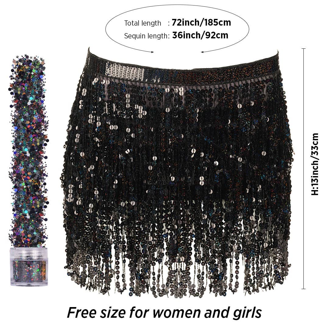 Sequin Fringe Mini Skirt - Sparkly Belly Dance Hip Scarf