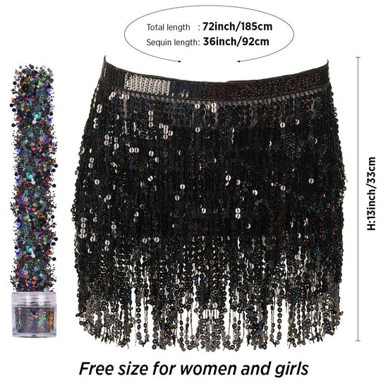 Sequin Fringe Mini Skirt - Sparkly Belly Dance Hip Scarf