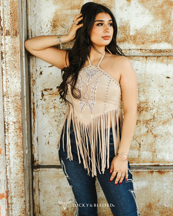 Suede Halter Top With Stitch Embroidery-Studs