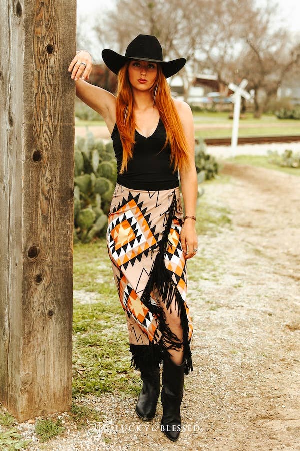 Mocha Aztec Asymmetrical Fringe Skirt