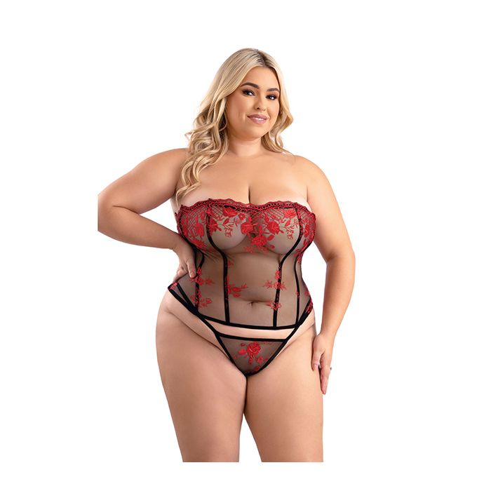 Floral Embroidered Mesh Corset w/G-String