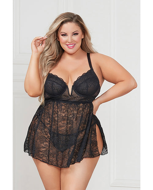 Plus Size V Cut Underwire Lace Babydoll