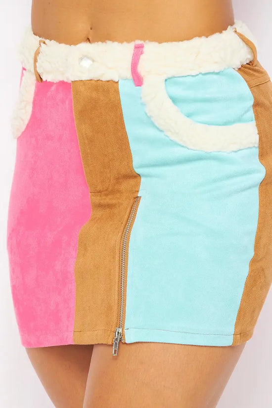 Velma Sherpa Lined Color Block Suede Skirt