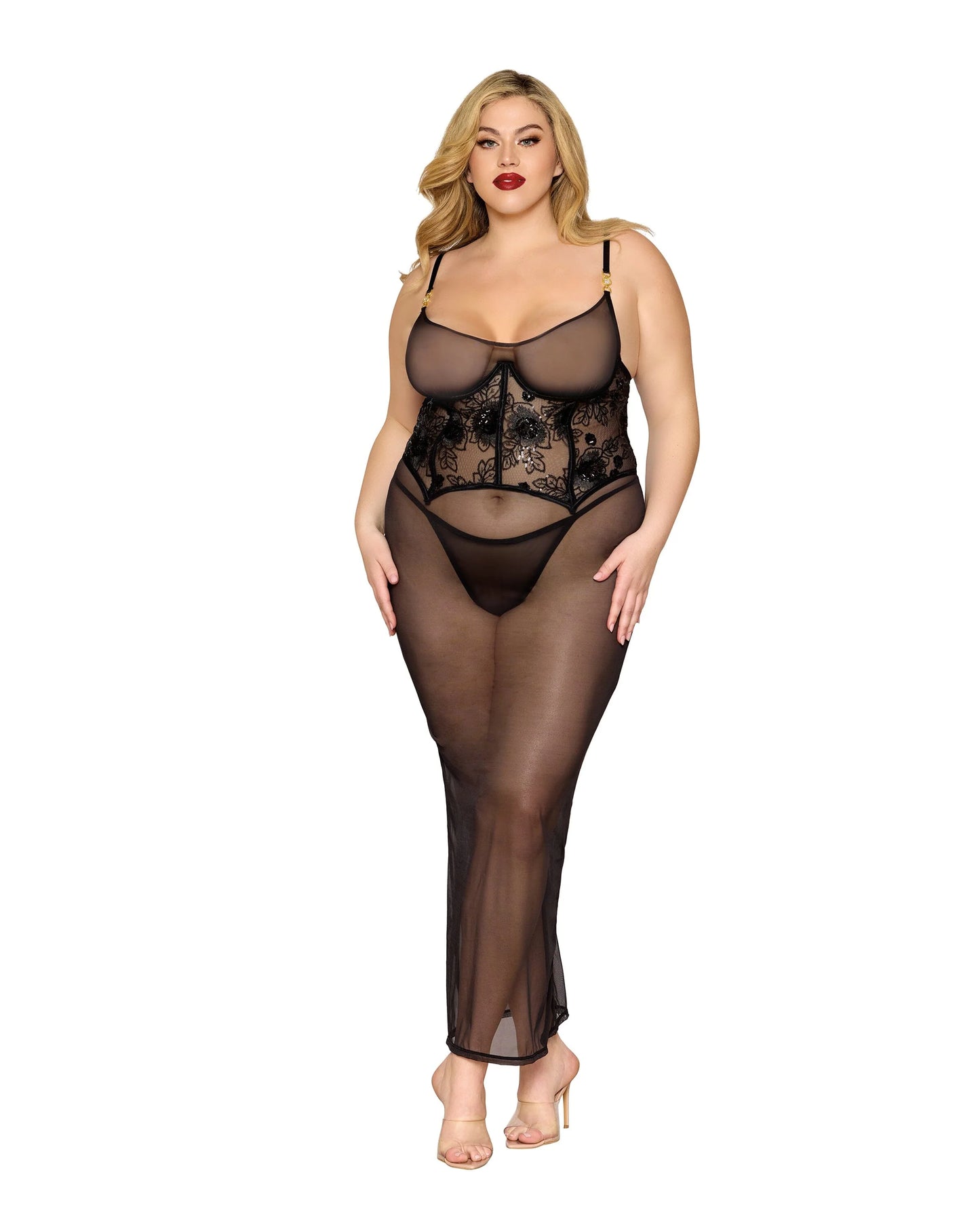 Plus Size Midi Garter Chemise & G-String