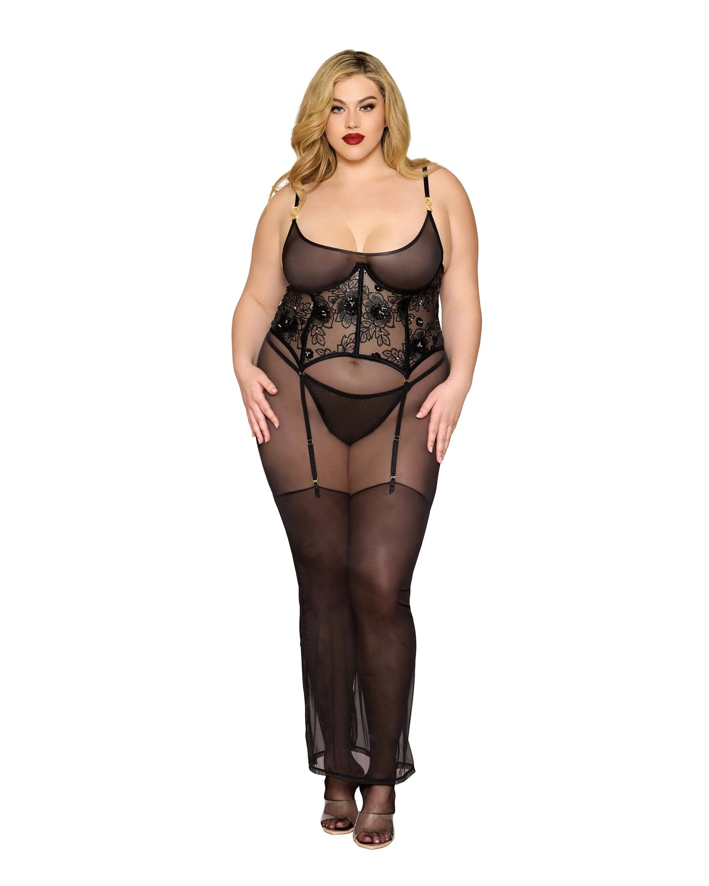 Plus Size Midi Garter Chemise & G-String