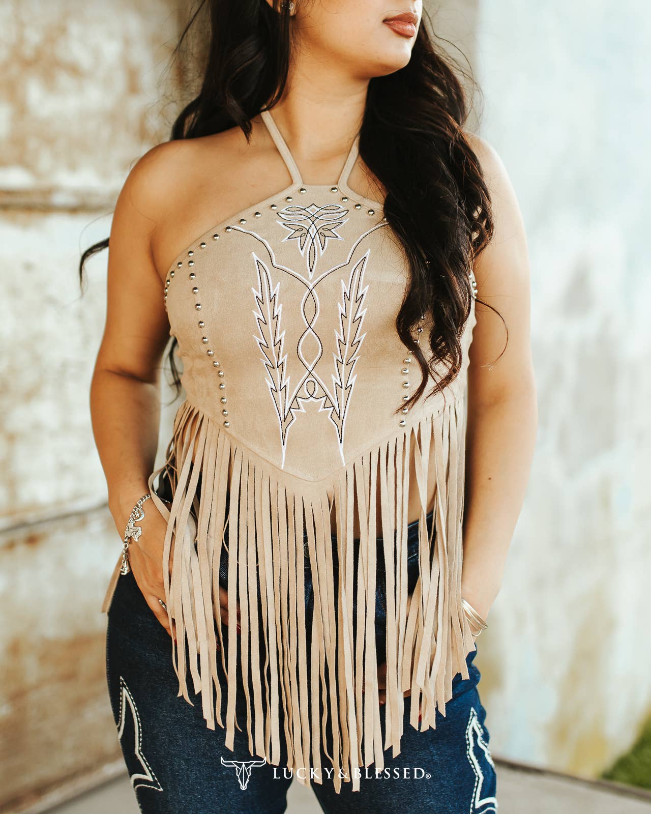 Suede Halter Top With Stitch Embroidery-Studs