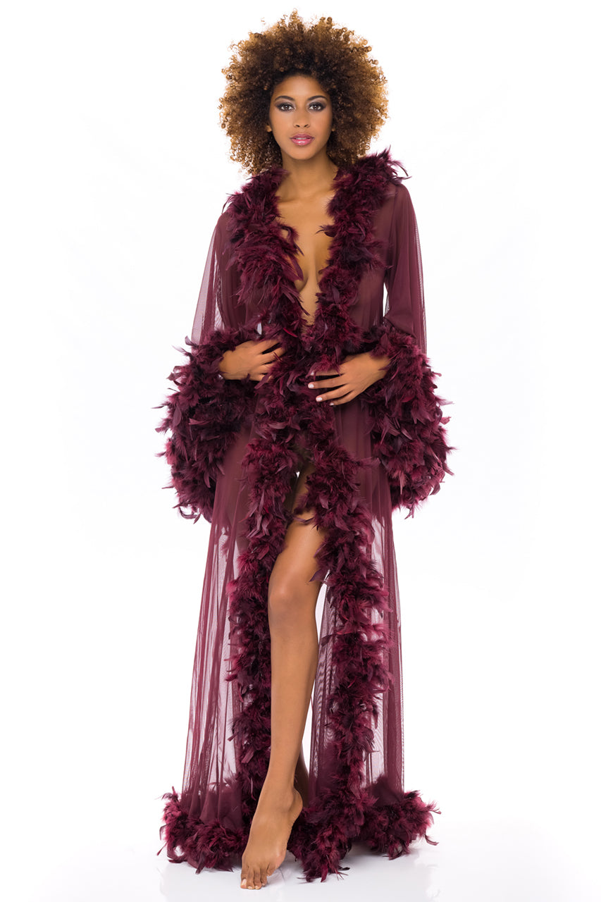 Oh La La Cheri Tempest Long Sheer Marabou Trim Robe Plus Size