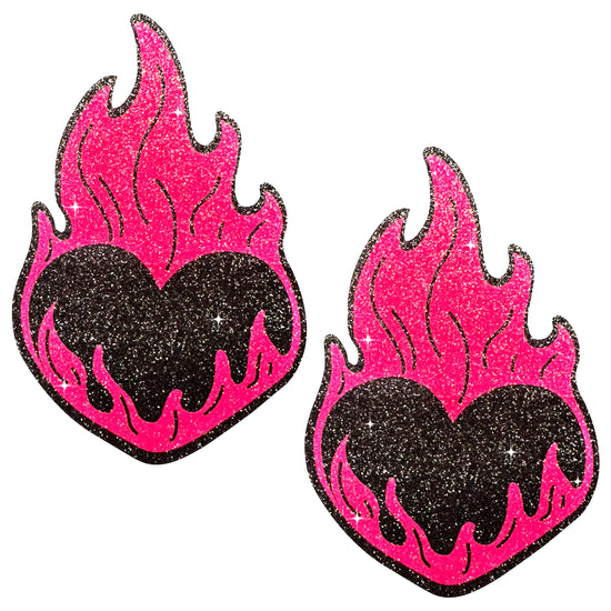 Neon Pink Flame Heart Glitter Pasties