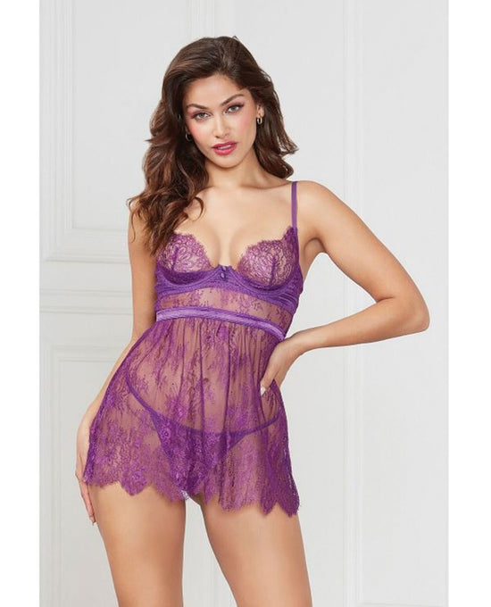 Floral Eyelash Lace Underwire Babydoll w/Thong