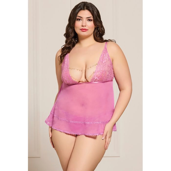 Lace and Mesh Babydoll w/Thong & Rhinestone Detail