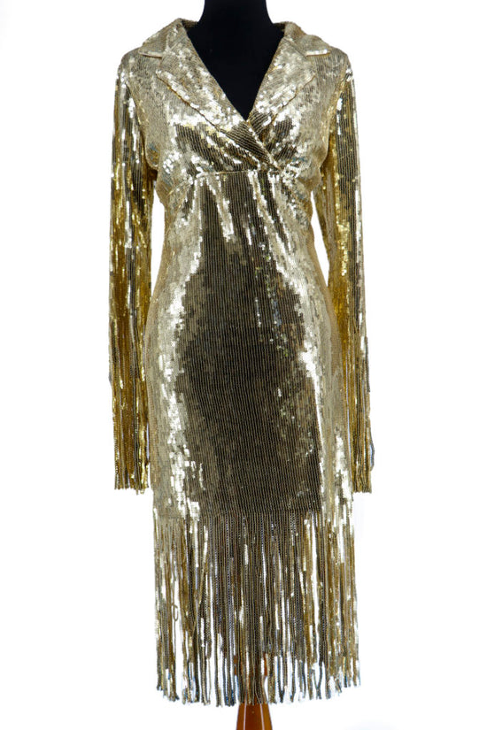 Load image into Gallery viewer, Gold Sequined Jacket with Fringe
