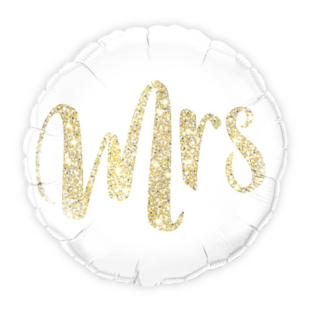 Mylar Foil Helium Balloon - White With Gold Mrs. Glitter