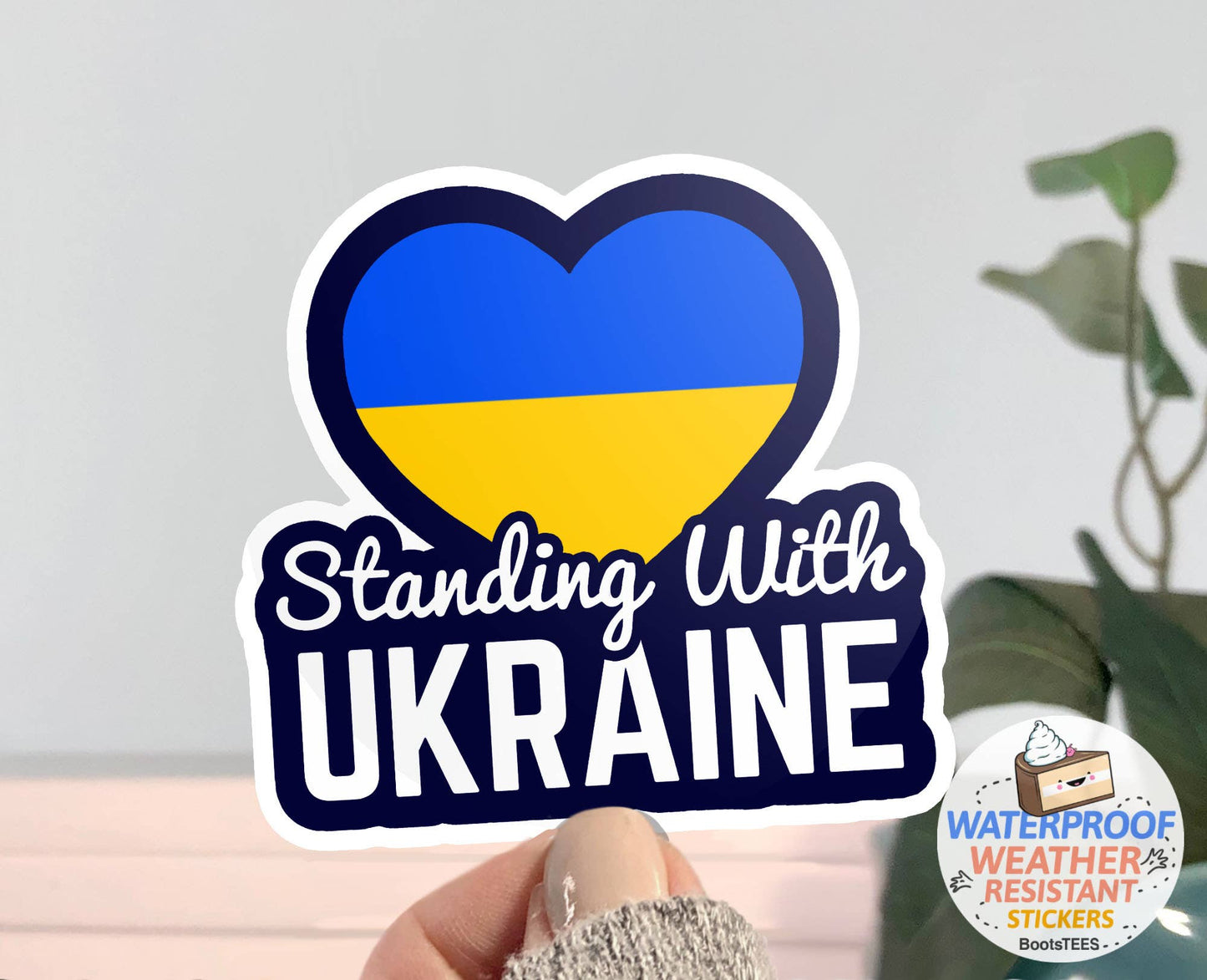 Standing With Ukraine Sticker, Ukrainian Flag Heart Decal