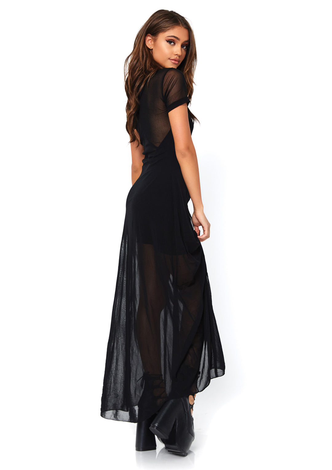 Sheer Mesh High Slit Long Dress