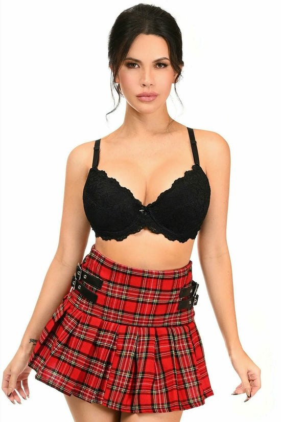 Red Plaid Pleated Skirt With Buckles