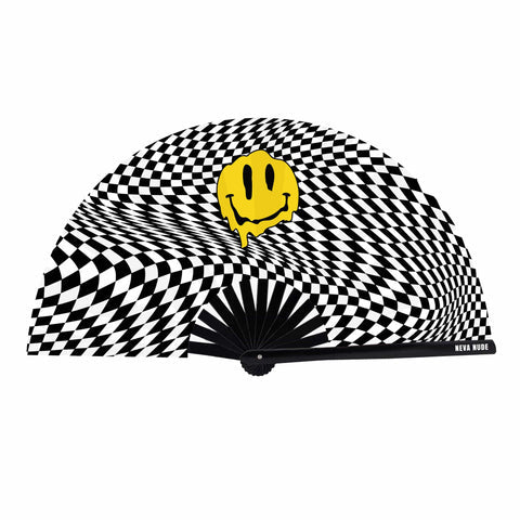 Load image into Gallery viewer, Trippy Checkers Melty Face Blacklight Reactive Folding Fan
