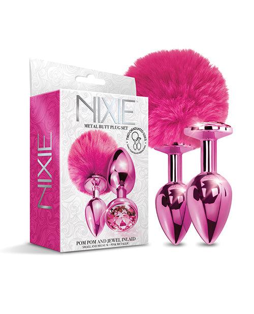 Nixie Metal Butt Plug Set With Jewel Inlaid & Pom Pom