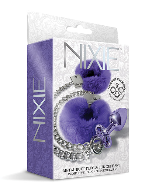 Nixie Metal Butt Plug With Inlaid Jewel & Fur Cuff Set