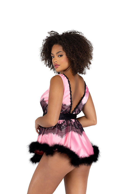 Satin & Lace Babydoll with Tie & Faux Feather Detail