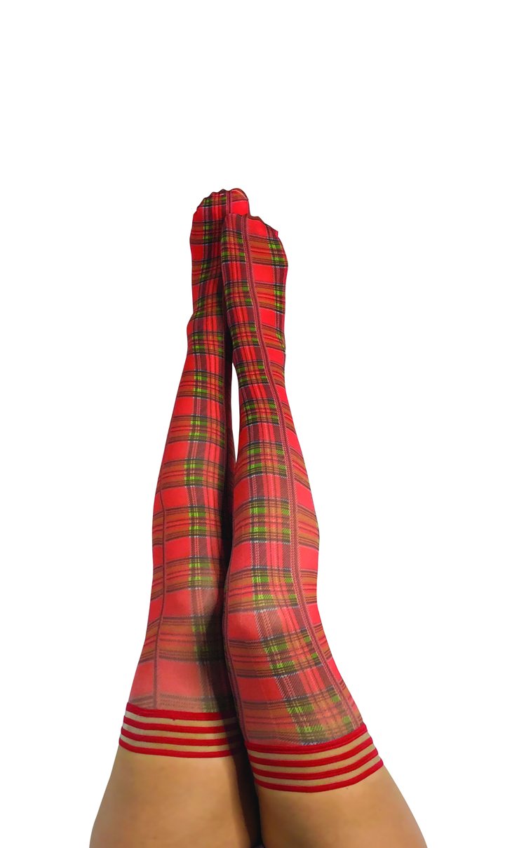 Load image into Gallery viewer, Kix’ies Grace Red Plaid Thigh Highs

